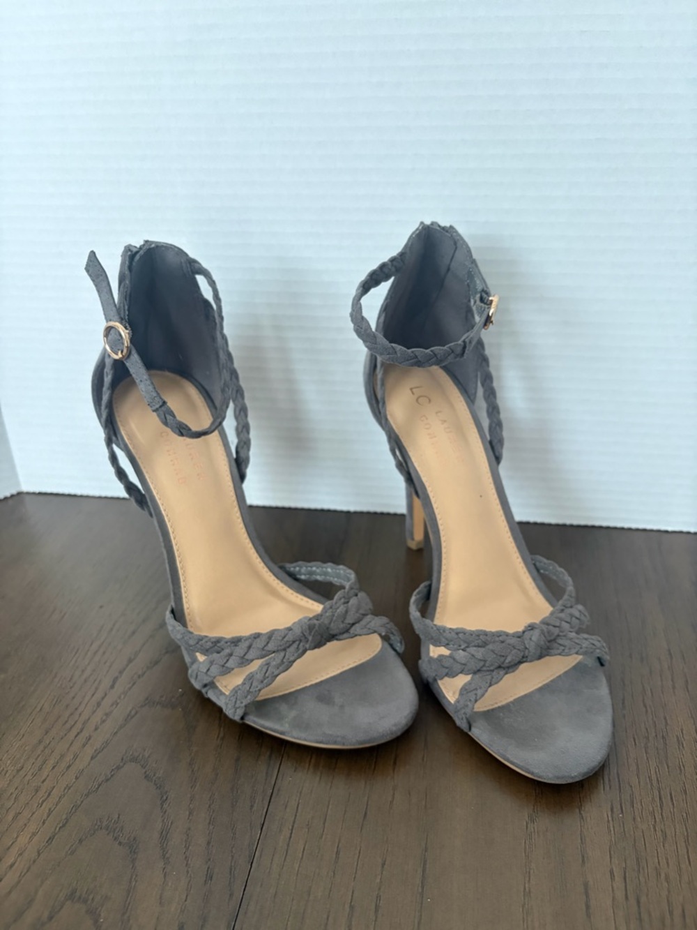 LC Lauren Conrad Gray Braided Suede Ankle Strap Heels